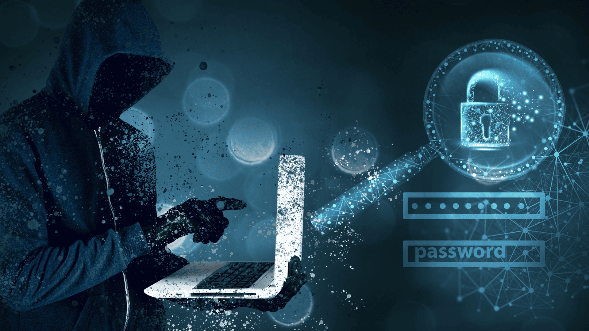 A futuristic image of a hooded person holding a laptop - indicative of cyber hacking
